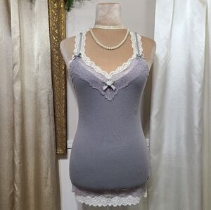 ♡ Y2K ♡ Hollister Gray Lace Cami Satin Ribbon Bows Tank Top